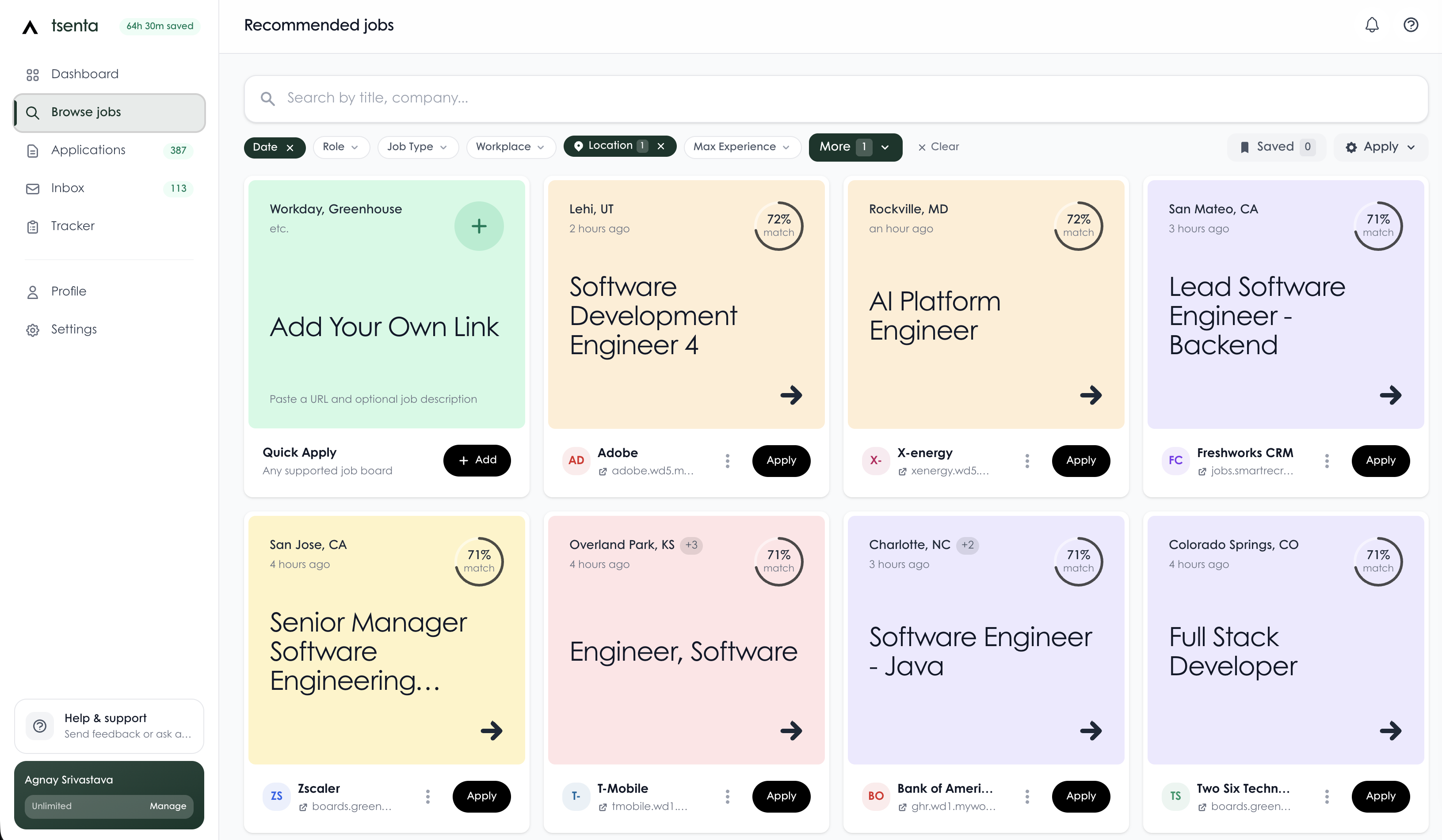 tsenta browse jobs surface, where matched roles get queued for cloud apply