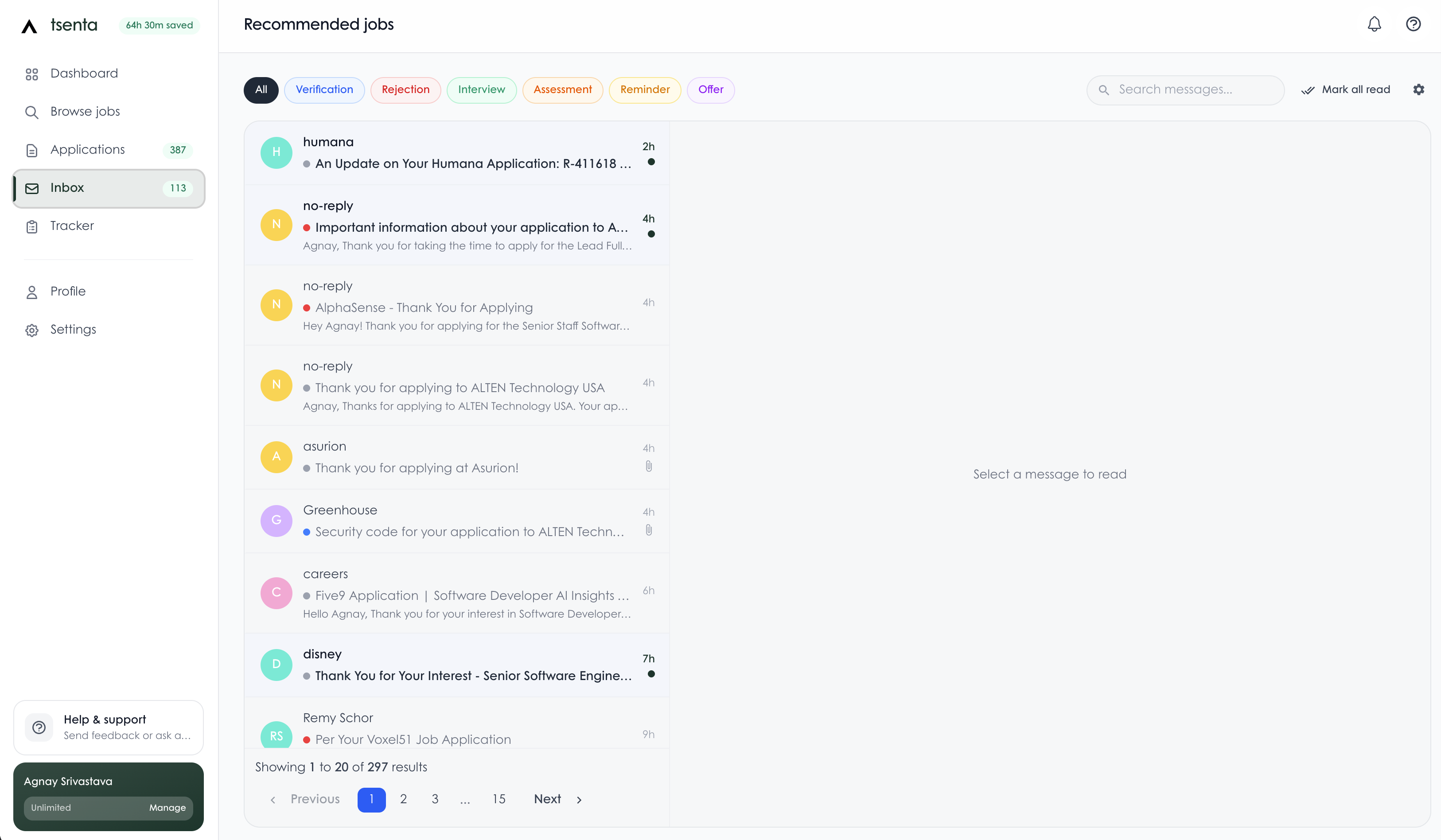 tsenta inbox that captures recruiter replies and ATS messages